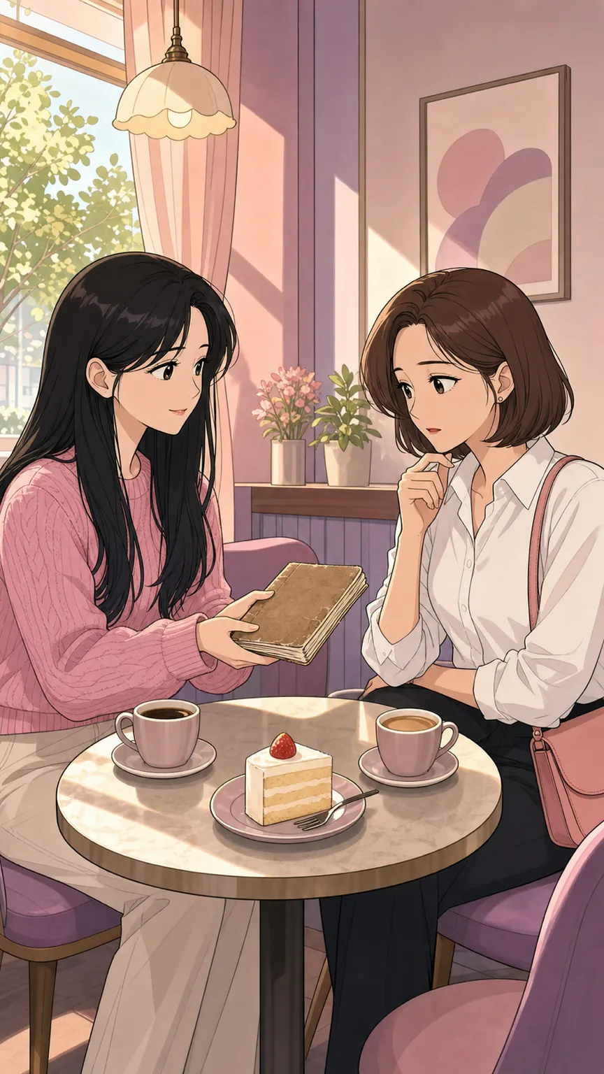 카페에서 낡은 배당 노트를 내미는 지현과 받아 보는 김개미 대리